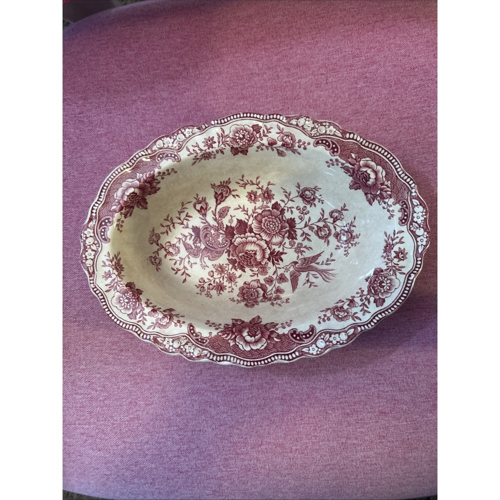 Vintage Crown Ducal Bristol Oval Serving Bowl Pink Red Transferware England 10"